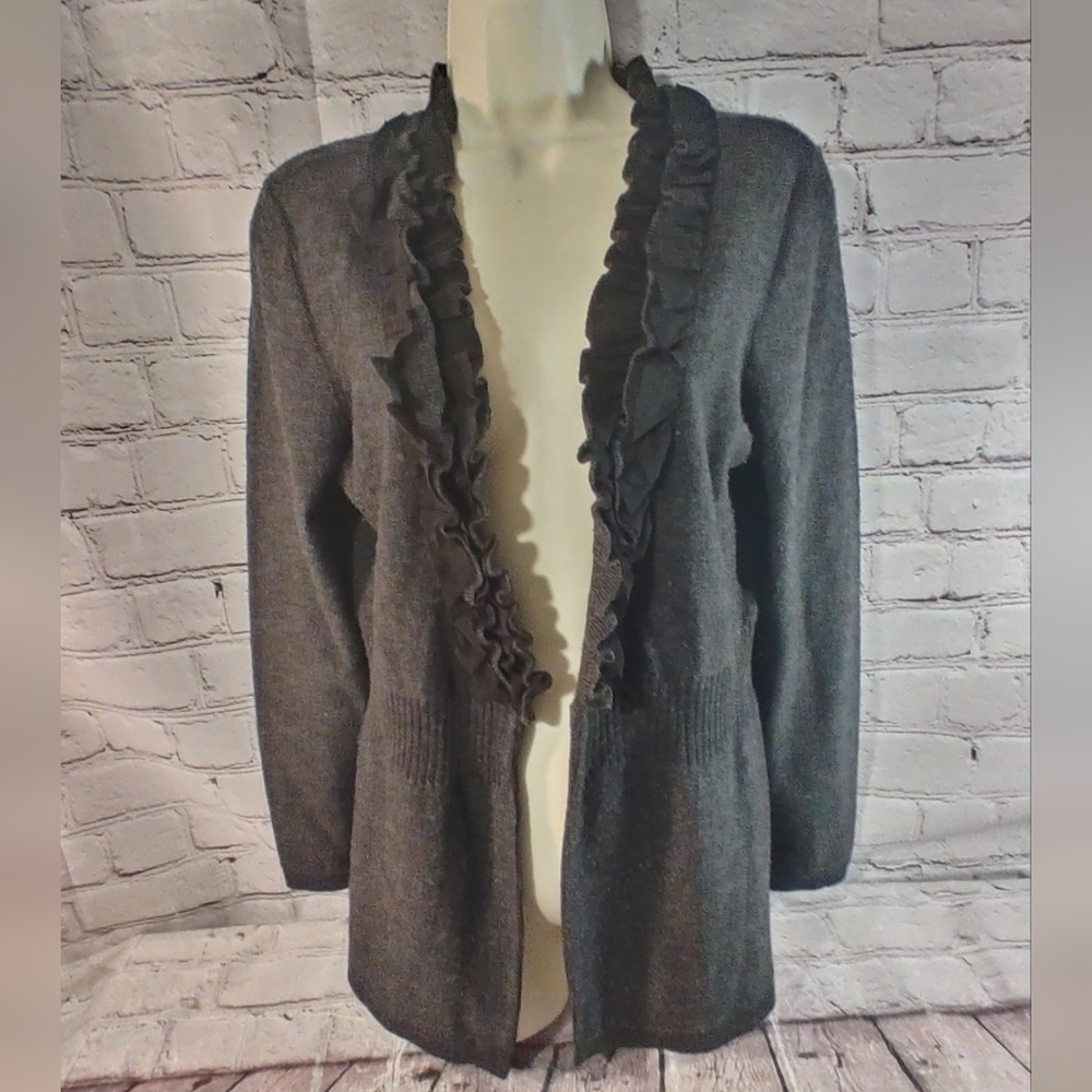 Elena Solano Merino Wool Frill Ruffle Trim Grey Cardigan L